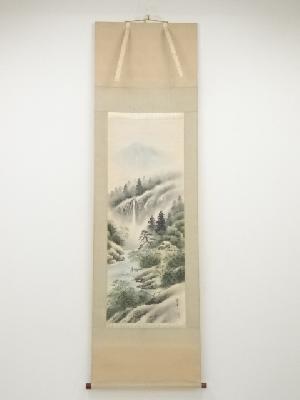 紫峰筆　彩色山水図　肉筆絹本掛軸（共箱）